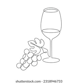 Wine glass with grape drawn in one continuous line. One line drawing, minimalism. Vector illustration.