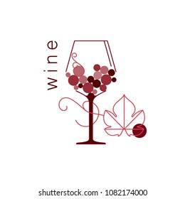 Wine glass and grape leaf. Linear vector illustration for menu, tasting, wine list.