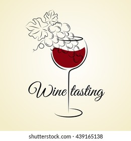 Wine glass with grape. Wine tasting template. Hand drawn concept for winery products, harvest, wine list, wine tasting menu and emblem design. Vector illustration on beige.
