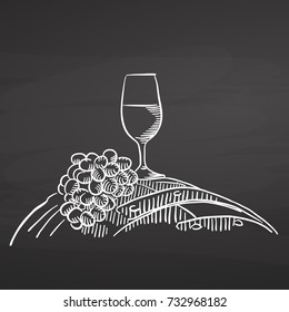 Wine glass and grapes on barrel. Chalk on chalkboard. Hand drawn healthy food sketch. Black and White Vector Drawing on Blackboard. 