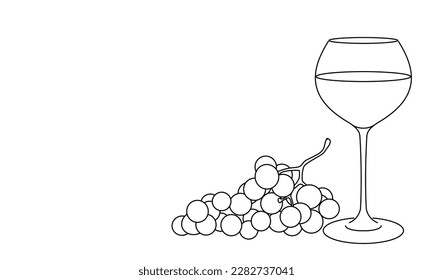 Wine glass and grapes. Still life. Sketch. Line draw. Decor