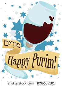 Wine Glass with greeting ribbon like a scroll, over starry background to celebrate Jewish Purim (written in Hebrew).