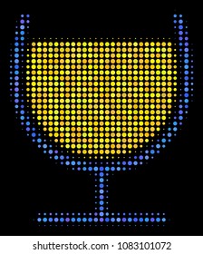 Wine glass halftone vector icon. Illustration style is pixelated iconic wine glass symbol on a black background. Halftone matrix is constructed with round items.