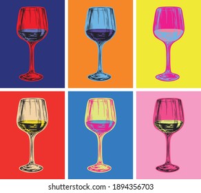 Wine Glass Hand Drawing Vector Illustration Alcoholic Drink. Pop Art Style. Andy Warhol. Modern art