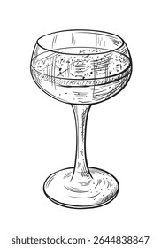 Wine glass hand drawn isolated on white background. Vintage sketch of alcoholic drink in a tall stemmed glass. Cocktail for parties. Vector illustration