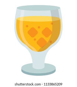 A wine glass having yellow drink with ice cubes representing cocktail 
