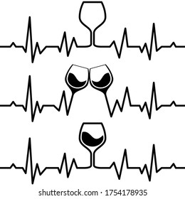 Wine Glass Heartbeat Vector Illustration Set