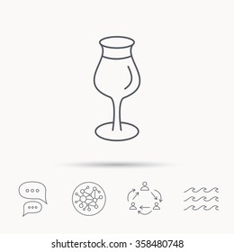 Wine glass icon. Goblet sign. Alcohol drink symbol. Global connect network, ocean wave and chat dialog icons. Teamwork symbol.