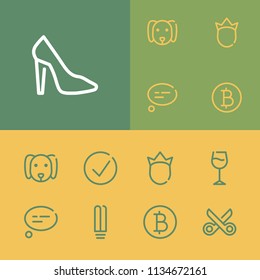 Wine glass icon with lightbulb, bitcoin and approved symbols. Set of prince, dog, shoe icons and prince concept. Editable vector elements for logo app UI design.
