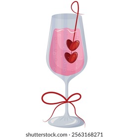 wine glass icon with pink drink and berries in heart shape and red bow, valentines day design