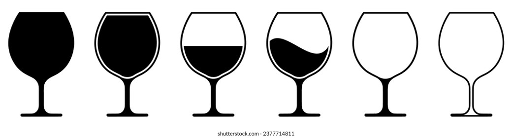 Wine glass icon. Set of various wine glasses. Black silhouette of wine glass. Vector illustration.