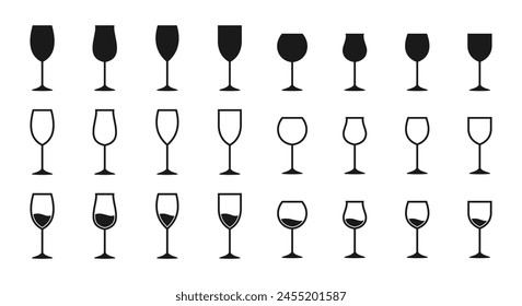 Conjunto de iconos de vidrio de vino. Ilustración vectorial aislada sobre fondo blanco.