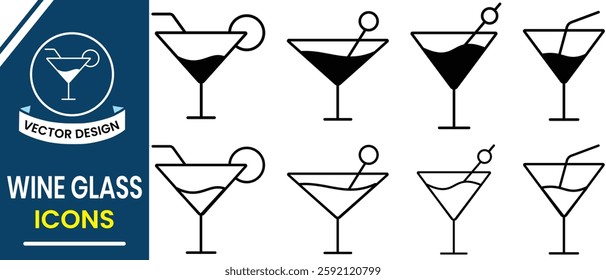 Wine glass icon, vector isolated on white background. Set of cocktail glasses, drinks glass icon vector silhouette. Vector illustration.