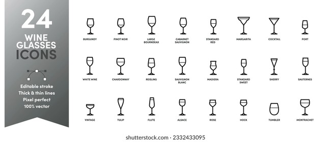 Wine Glass icons. 24 different wine glasses featuring thick and thin lines with editable stroke