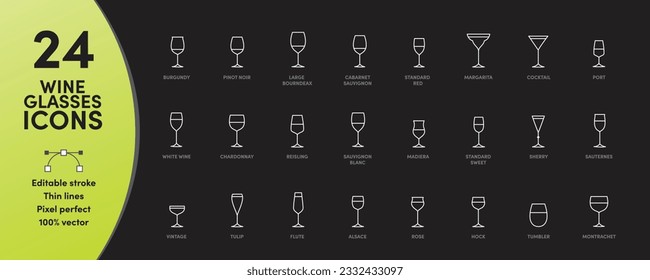 Wine Glass icons. 24 different wine glasses featuring thin lines with editable stroke