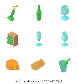 Wine glass icons set. Isometric set of 9 wine glass vector icons for web isolated on white background