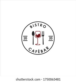 Wine glass illustration, spoon fork restaurant vintage, retro bar bistro sign with circle logo design.