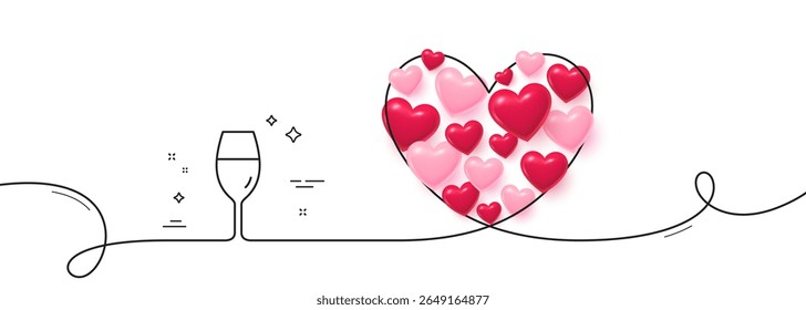 Wine glass line icon. Continuous line big heart. Burgundy glass sign. 3d hearts in heart shaped loop. Wineglass single line ribbon. Loop curve pattern. Vector