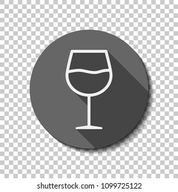 Wine glass. Linear, thin outline. flat icon, long shadow, circle, transparent grid. Badge or sticker style
