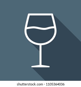 Wine glass. Linear, thin outline. White flat icon with long shadow on background