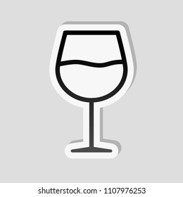 Wine glass. Linear, thin outline. Sticker style with white border and simple shadow on gray background
