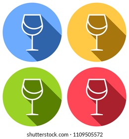 Wine glass. Linear, thin outline. Set of white icons with long shadow on blue, orange, green and red colored circles. Sticker style
