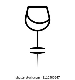 Wine glass. Linear, thin outline. Black icon with mirror reflection on white background