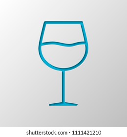 Wine glass. Linear, thin outline. Paper design. Cutted symbol with shadow