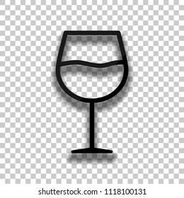 Wine glass. Linear, thin outline. Black glass icon with soft shadow on transparent background