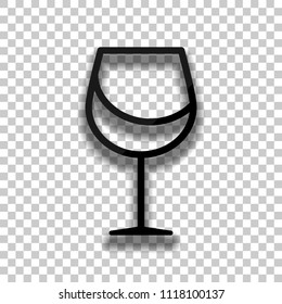 Wine glass. Linear, thin outline. Black glass icon with soft shadow on transparent background