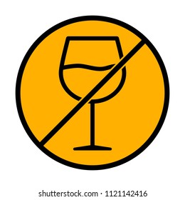Wine glass. Linear, thin outline. not allowed, black object in warning sign with orange background color