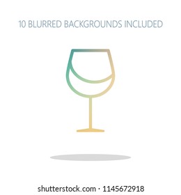 Wine glass. Linear, thin outline. Colorful logo concept with simple shadow on white. 10 different blurred backgrounds included