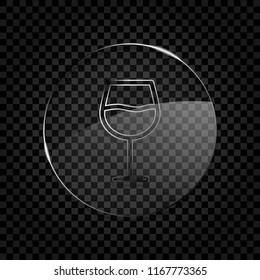 Wine glass. Linear, thin outline. Icon in circle glass bubble on dark transparent grid. Glass style