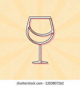 Wine glass. Linear, thin outline. Vintage retro typography with offset printing effect. Dots poster with comics pop art background