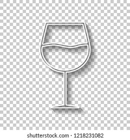 Wine glass. Linear, thin outline. White outline sign with shadow on transparent background