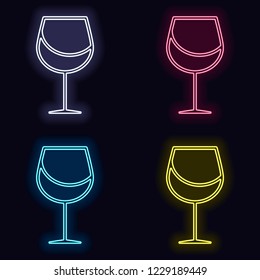 Wine glass. Linear, thin outline. Set of neon sign. Casino style on dark background.