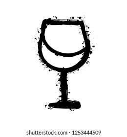 Wine glass. Linear, thin outline. Black ink with splashes on white background