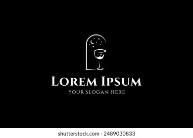 wine glass logo decorated with moon and stars in flat vector design style