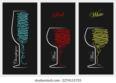 Weinglas-Logo. Roter und Weißwein. Champagner. Vintage-Design auf schwarzem Hintergrund. Vektorset-Illustration