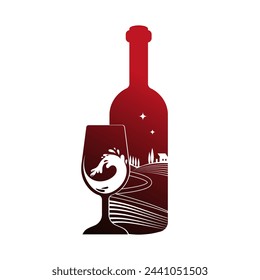 Wine Glass Logo With Wine Splashes and Minimalists Rural Landscape Background. Vector illustration for Wine Bar or Cocktail Bar Menu.