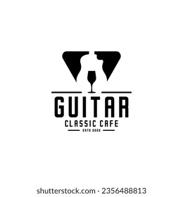 wine glass logo vector on an acoustic guitar background, bar and cafe logo