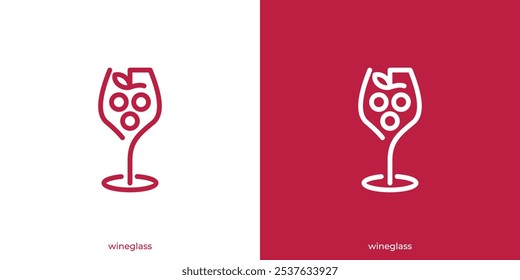 Wine Glass Logo. Wineglass and Grape Fruit with Lineart Outline Style. Luxury Wine Logo, Icon, Symbol, Vector, Design Inspiration.