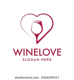 Wine glass love logo design. Icon vector illustration of wine glass with heart symbol. Modern logo design with line art style.