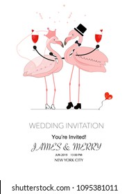 Wine glass with a loving couple of funny flamingos. The concept of love. Wedding invitation. Valentine's Day. Marry me