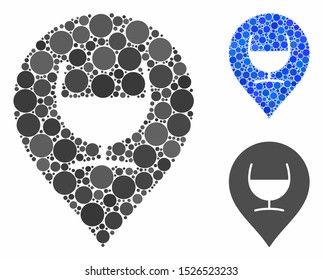 Wine glass marker composition for wine glass marker icon of small circles in various sizes and shades. Vector small circles are organized into blue mosaic.