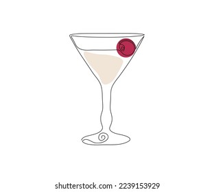 a wine glass with a martini or cocktail. Drawn by hand with a monoline. One line art