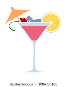 Wine glass of martini cocktail in very bright color tones. Flat icon for Your design.