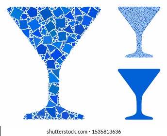 Wine glass mosaic of inequal pieces in variable sizes and color tinges, based on wine glass icon. Vector rough parts are united into collage. Wine glass icons collage with dotted pattern.