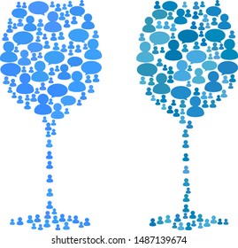 Wine glass mosaics of Chat Clouds and People symbols. Vector mosaic in blue color tinges. Persons and chat balloons are organized into Wine glass mosaics. Flat design on a white background.