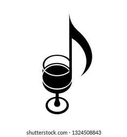 Wine glass as music note. Score of melody creative logo. Two notes play to taste symphony. Simple black icon of delicious drink idea for web or print design. Vector illustration of sommelier identity.